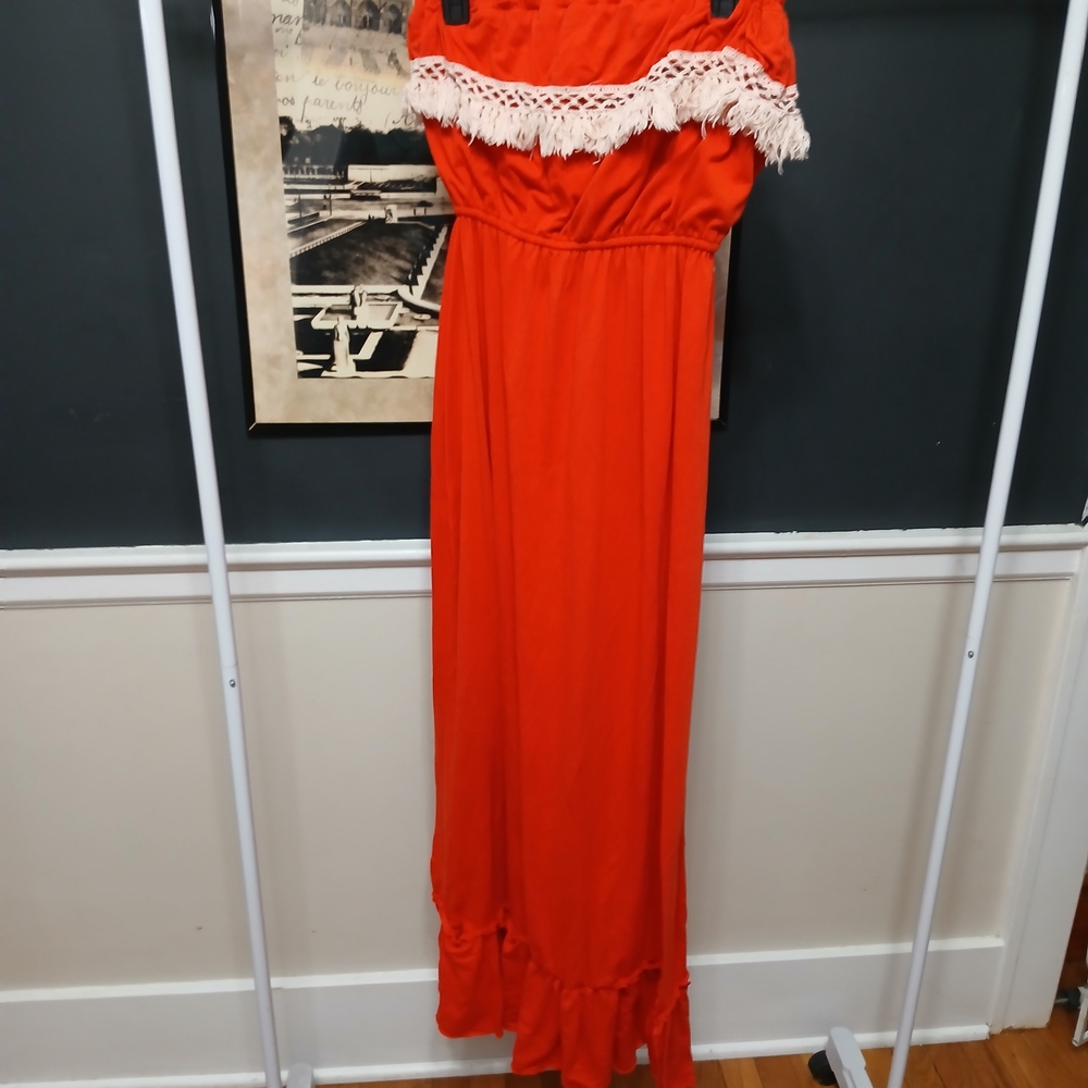 Orange Strapless Maxi Dress with Lace Trim